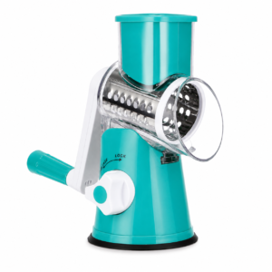 Cortador de legumes manual com 3 tambores em aço inoxidável e base de sucção na cor azul.