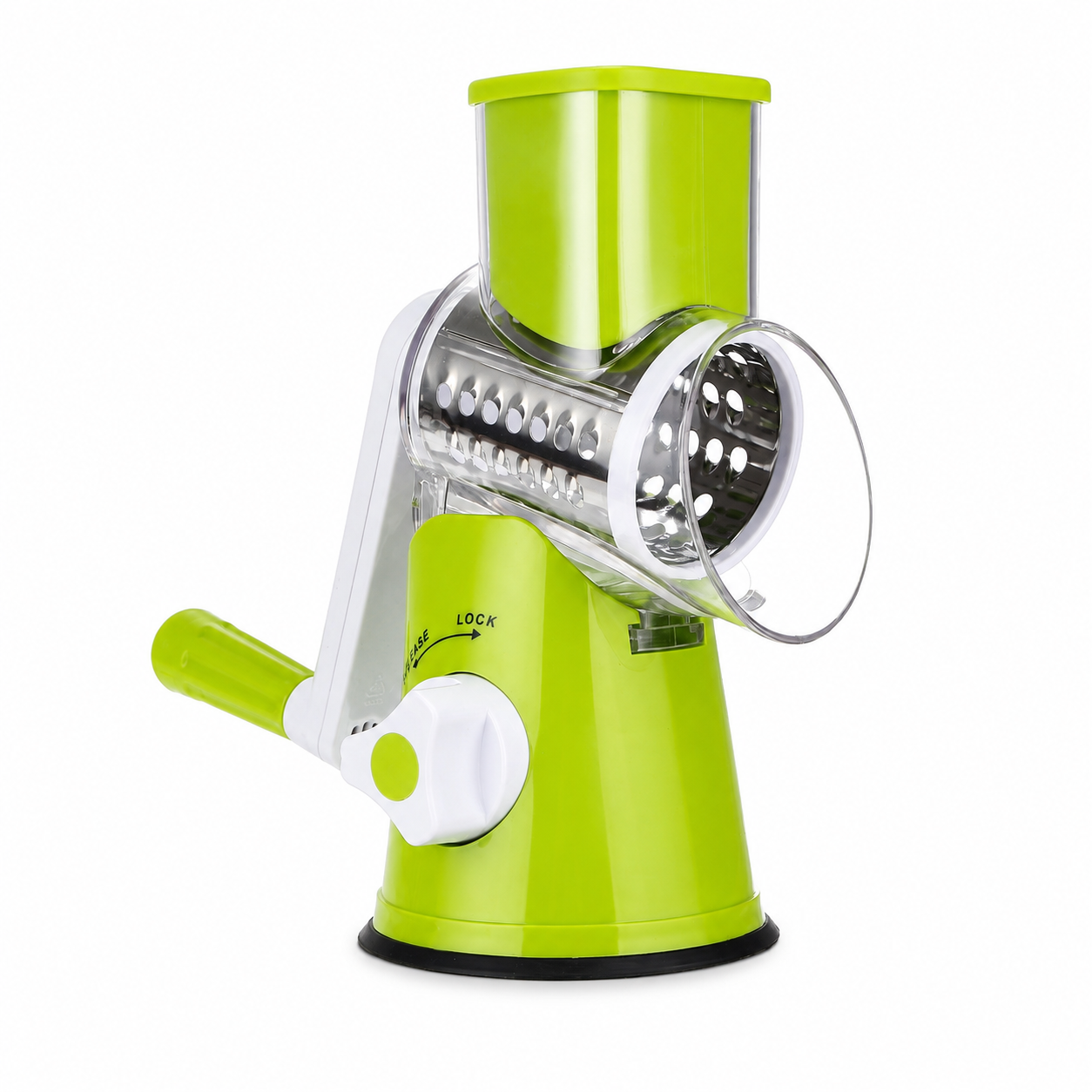 Cortador de legumes manual com 3 tambores em aço inoxidável e base de sucção na cor verde.