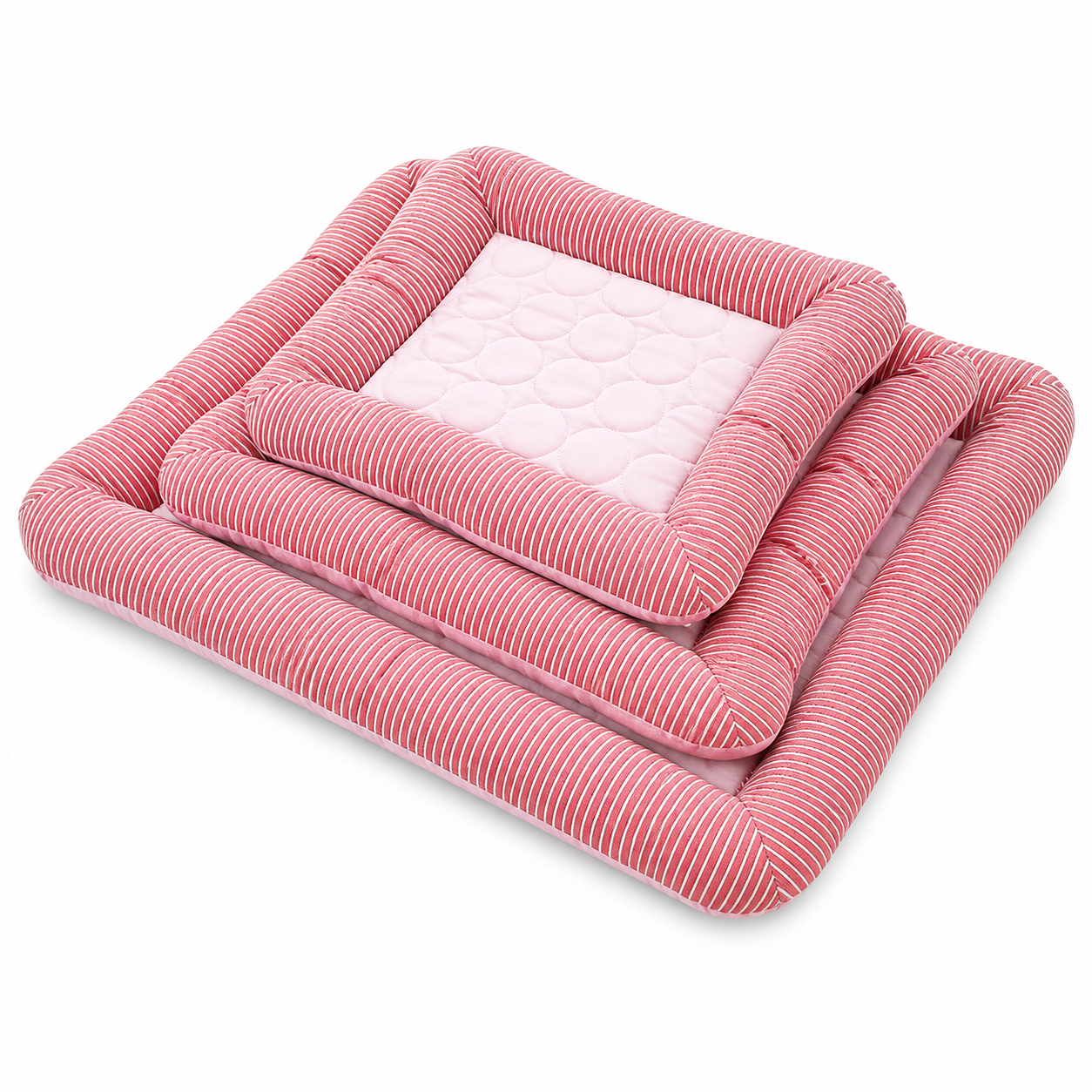 Alfombrillas refrescantes para mascotas apiladas en diferentes tamaños y color rosa.