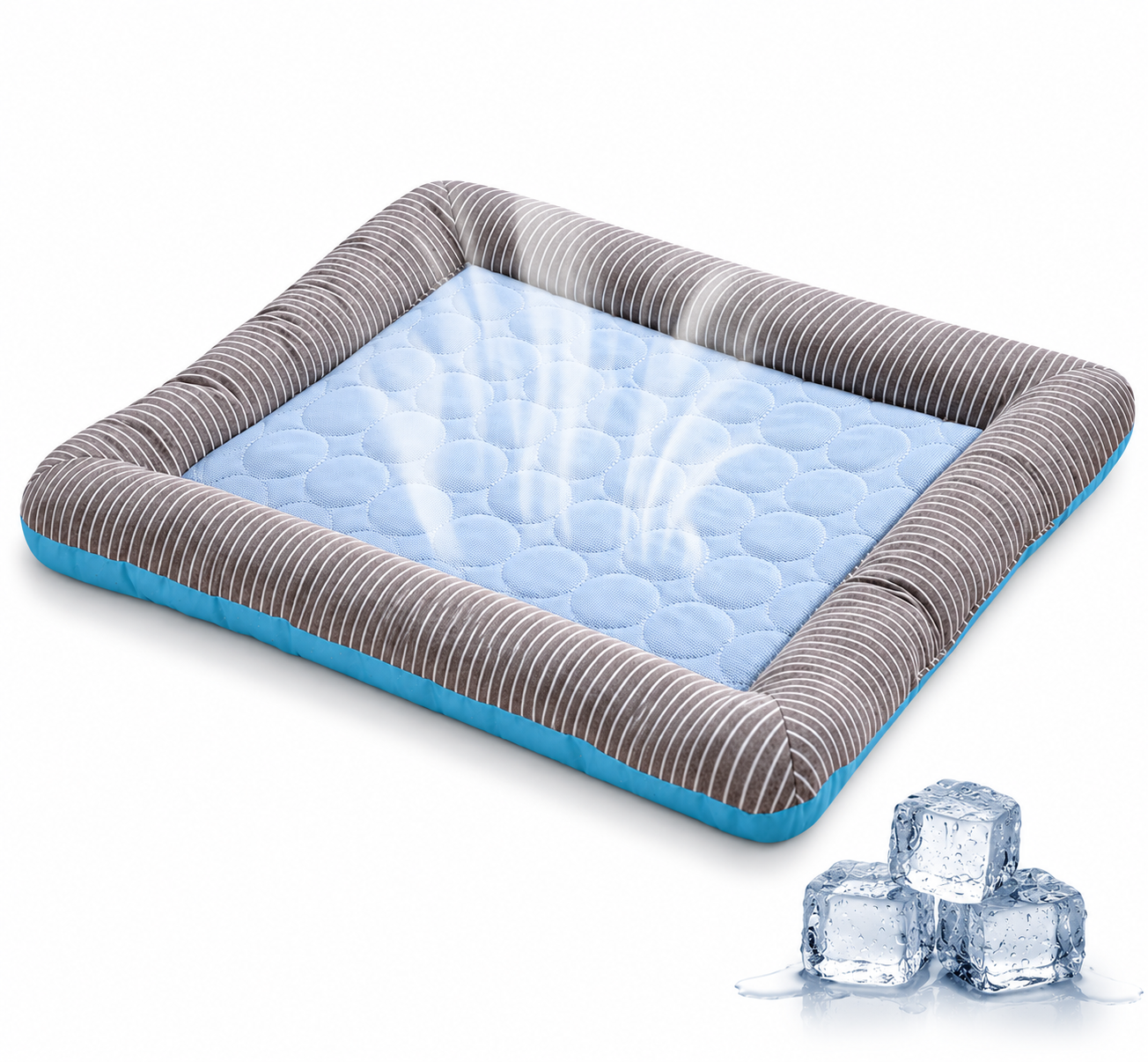 Alfombrilla refrescante para mascotas de seda fría en color azul con efecto visual de frescor y cubitos de hielo decorativos.