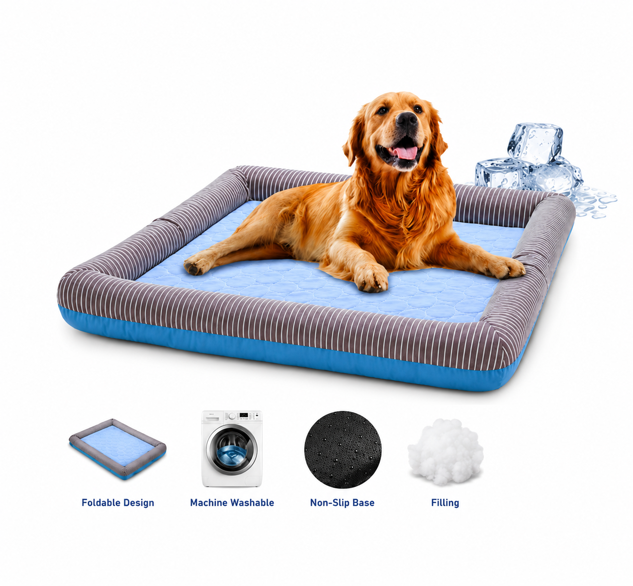 Alfombrilla refrescante para mascotas de seda fría con un perro tumbado sobre la superficie acolchada azul y borde a rayas.