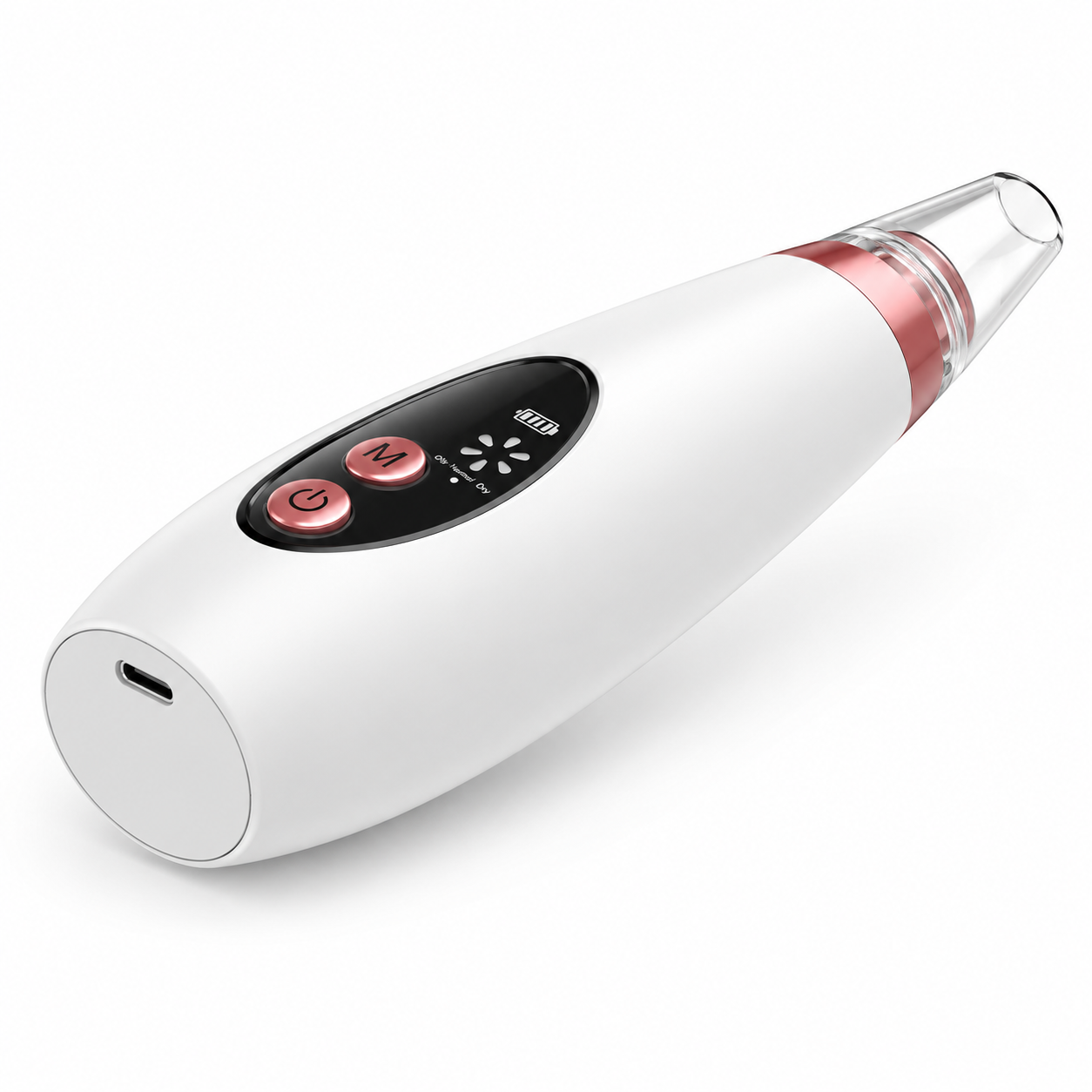 Aspirador de puntos negros recargable mostrando el puerto de carga USB tipo C