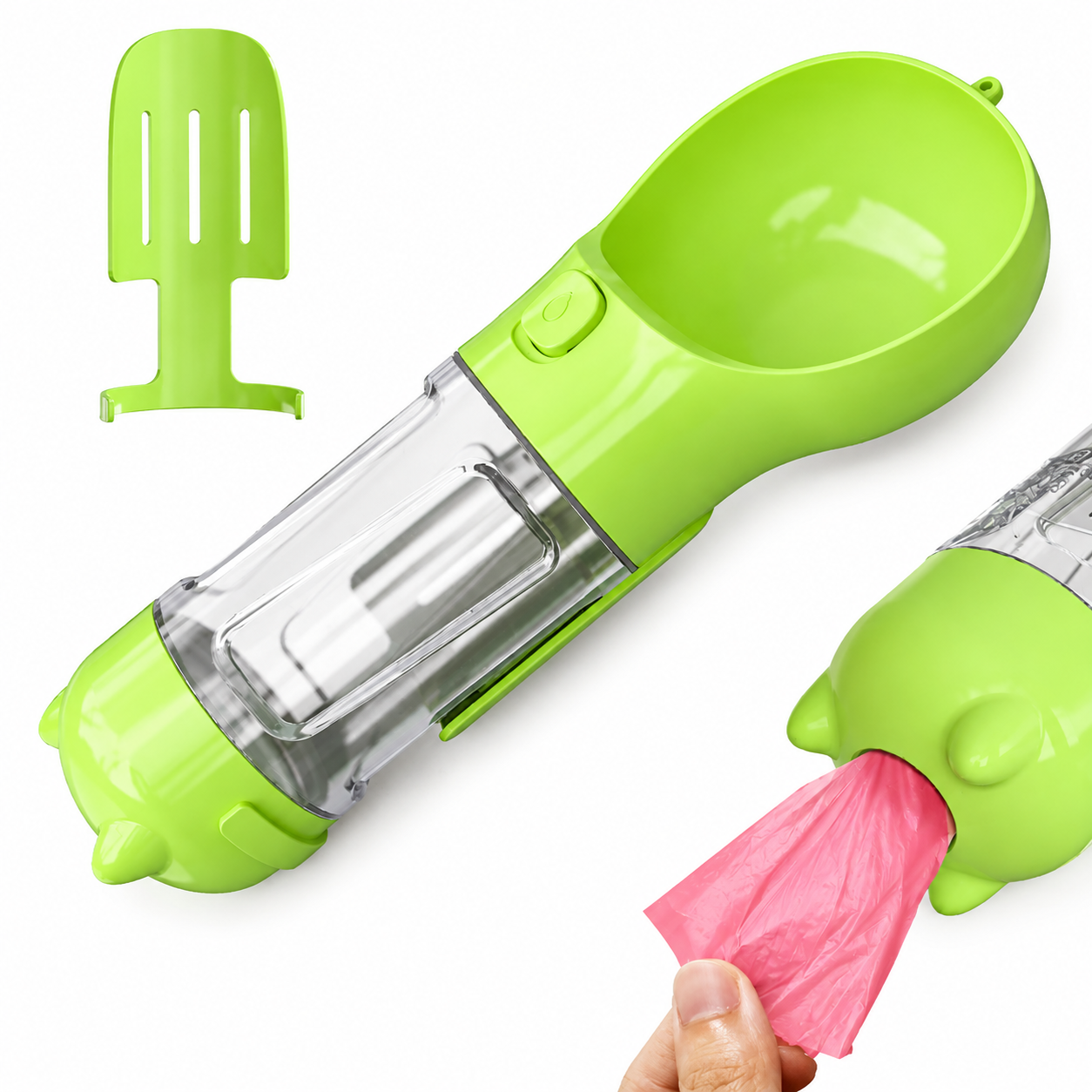Botella de agua portátil 3 en 1 para mascotas en color verde, con compartimento transparente y dispensador de bolsas