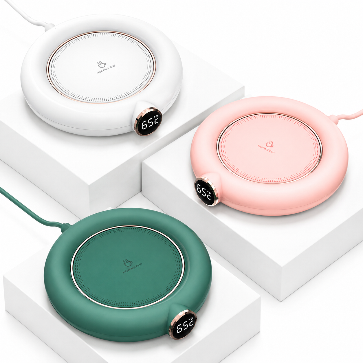 Calentador de tazas USB disponible en blanco, rosa y verde con pantalla digital de temperatura