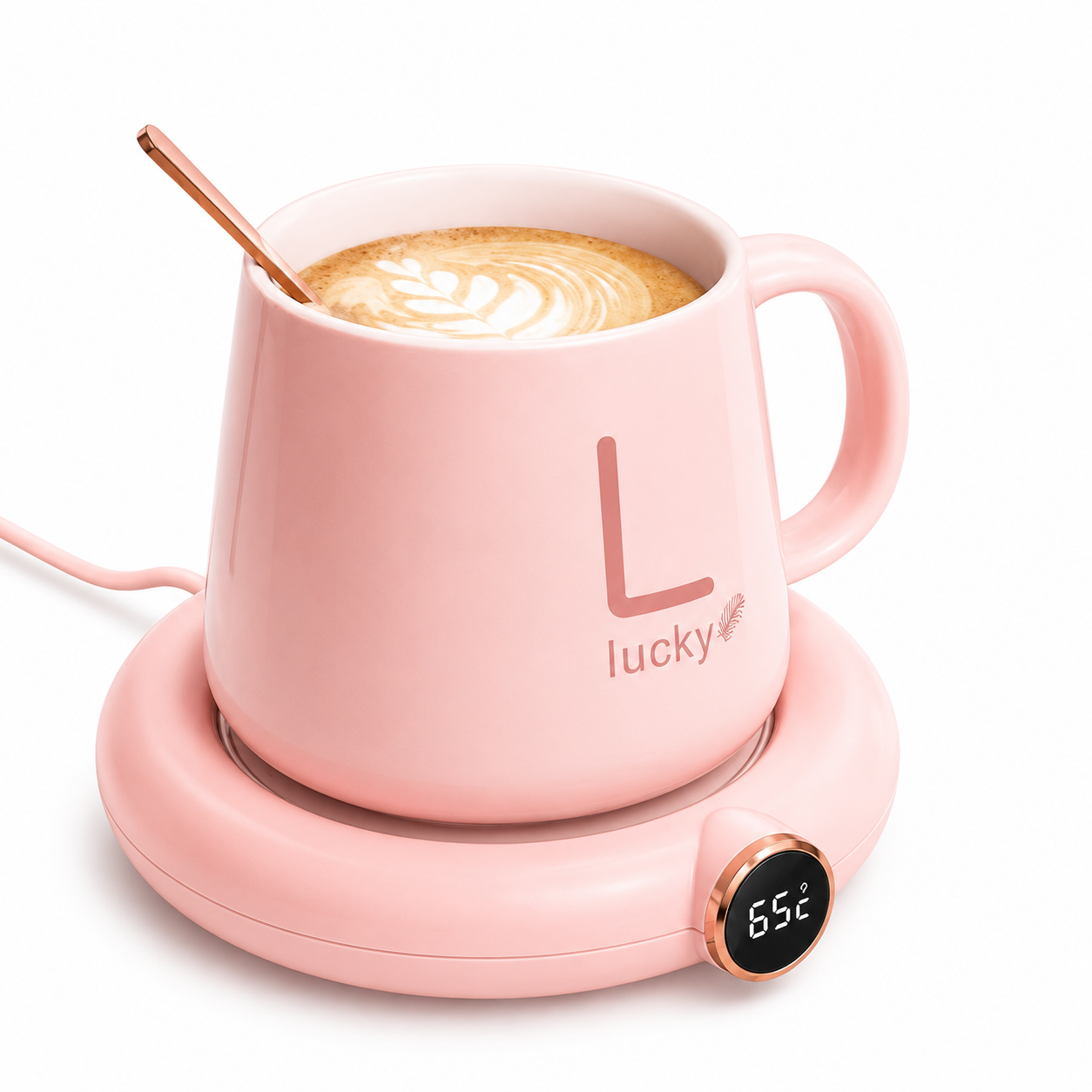 Calentador de tazas USB rosa en uso con taza de café sobre escritorio