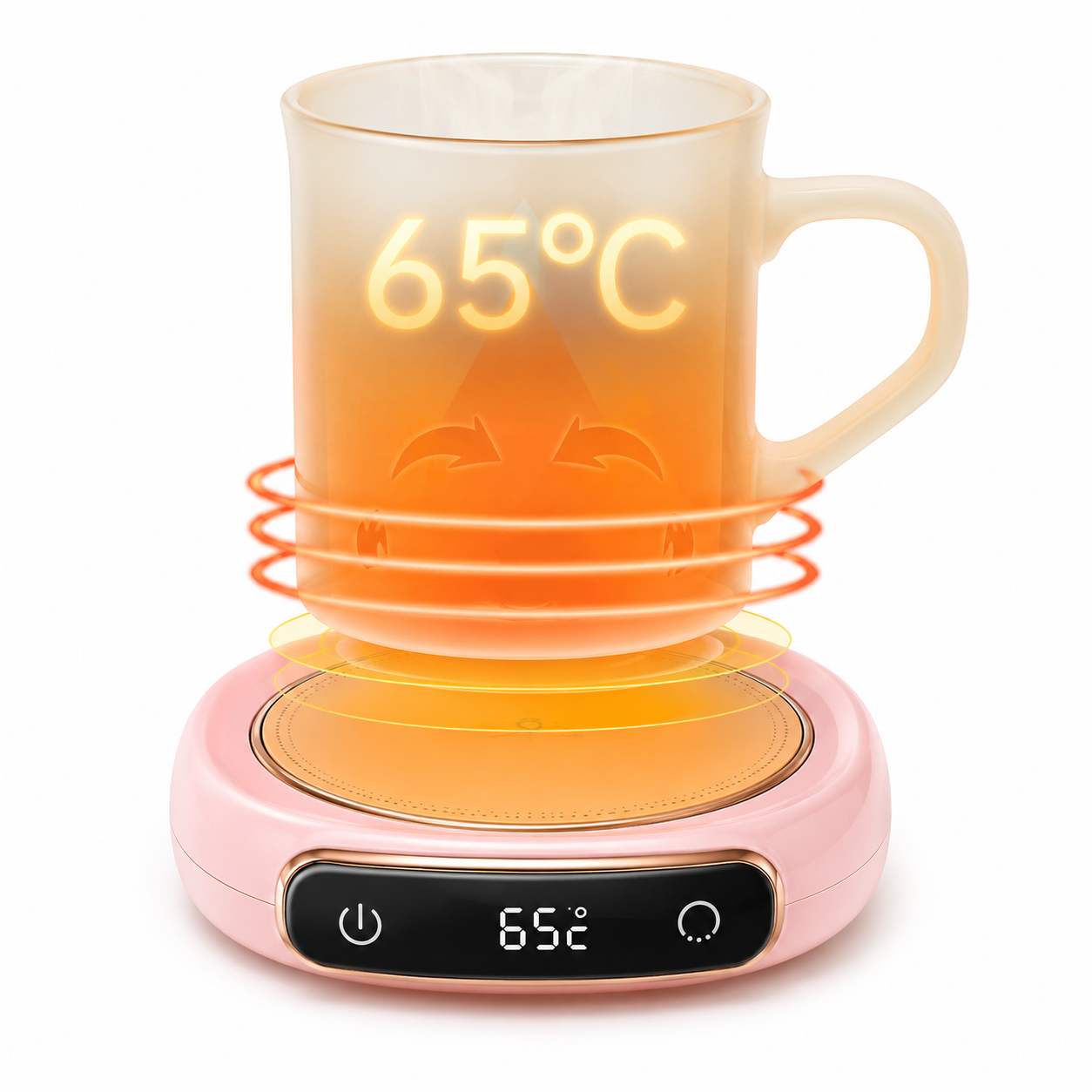 Calentador de tazas USB rosa con pantalla digital de temperatura mostrando 65°C