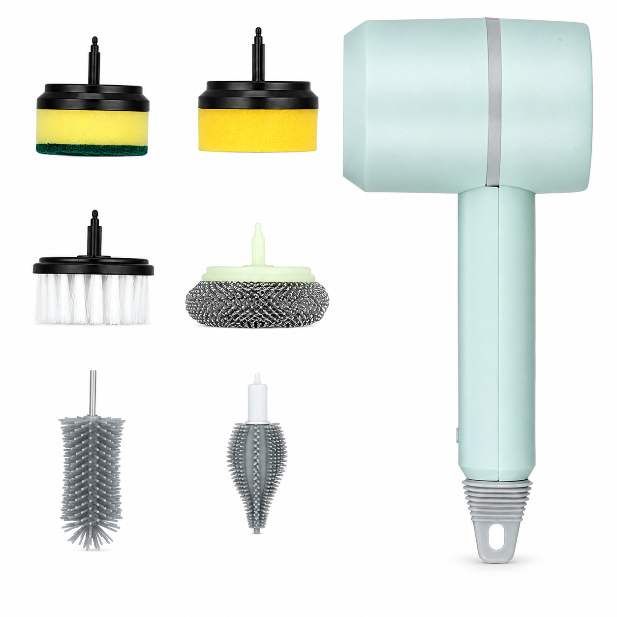Cepillo eléctrico de limpieza recargable en color verde menta con cabezales intercambiables