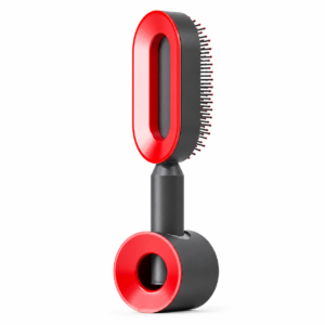 Cepillo de pelo autolimpiante en color rojo y negro con cerdas flexibles