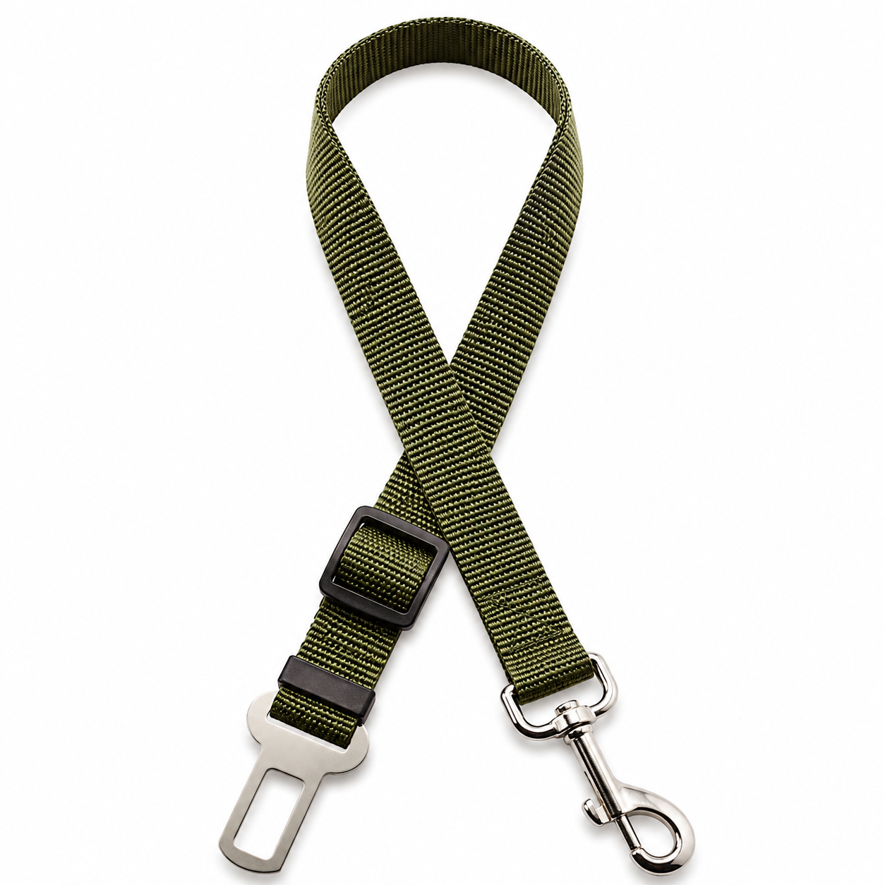 Cinturón de seguridad ajustable para perros y gatos para coche en color verde militar con mosquetón metálico.