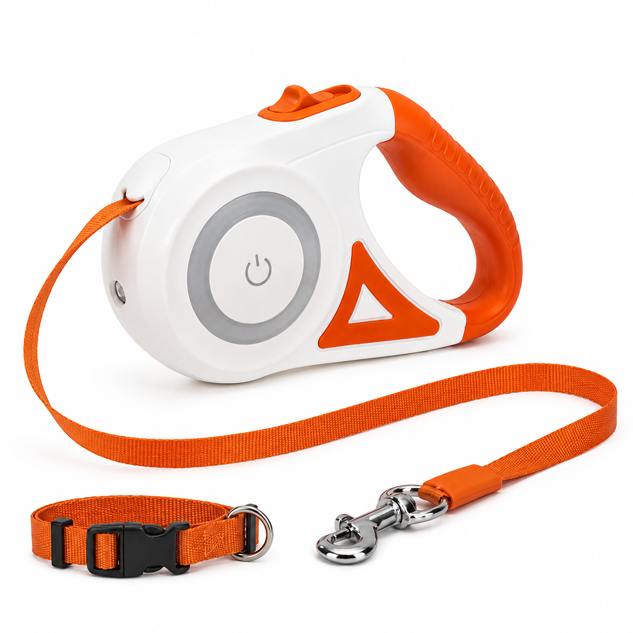 Correa retráctil para mascotas con luz LED, sistema de frenado y bloqueo, en color blanco y naranja con collar incluido.