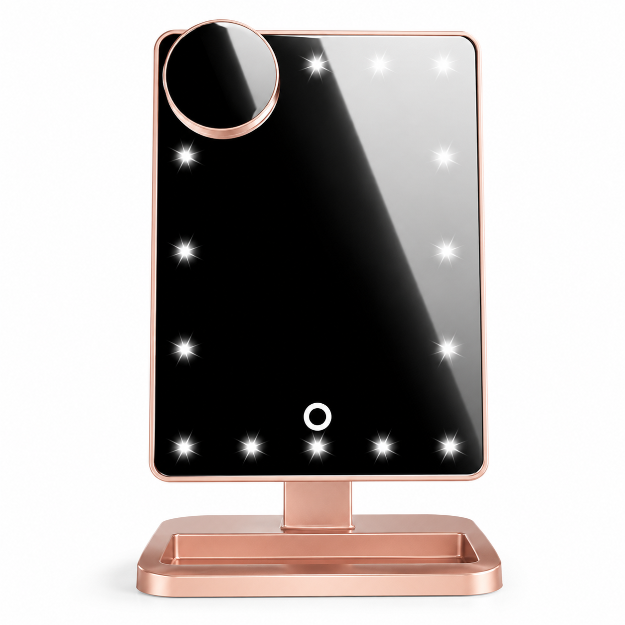 Espejo de maquillaje LED en color oro rosa con espejo de aumento 10x