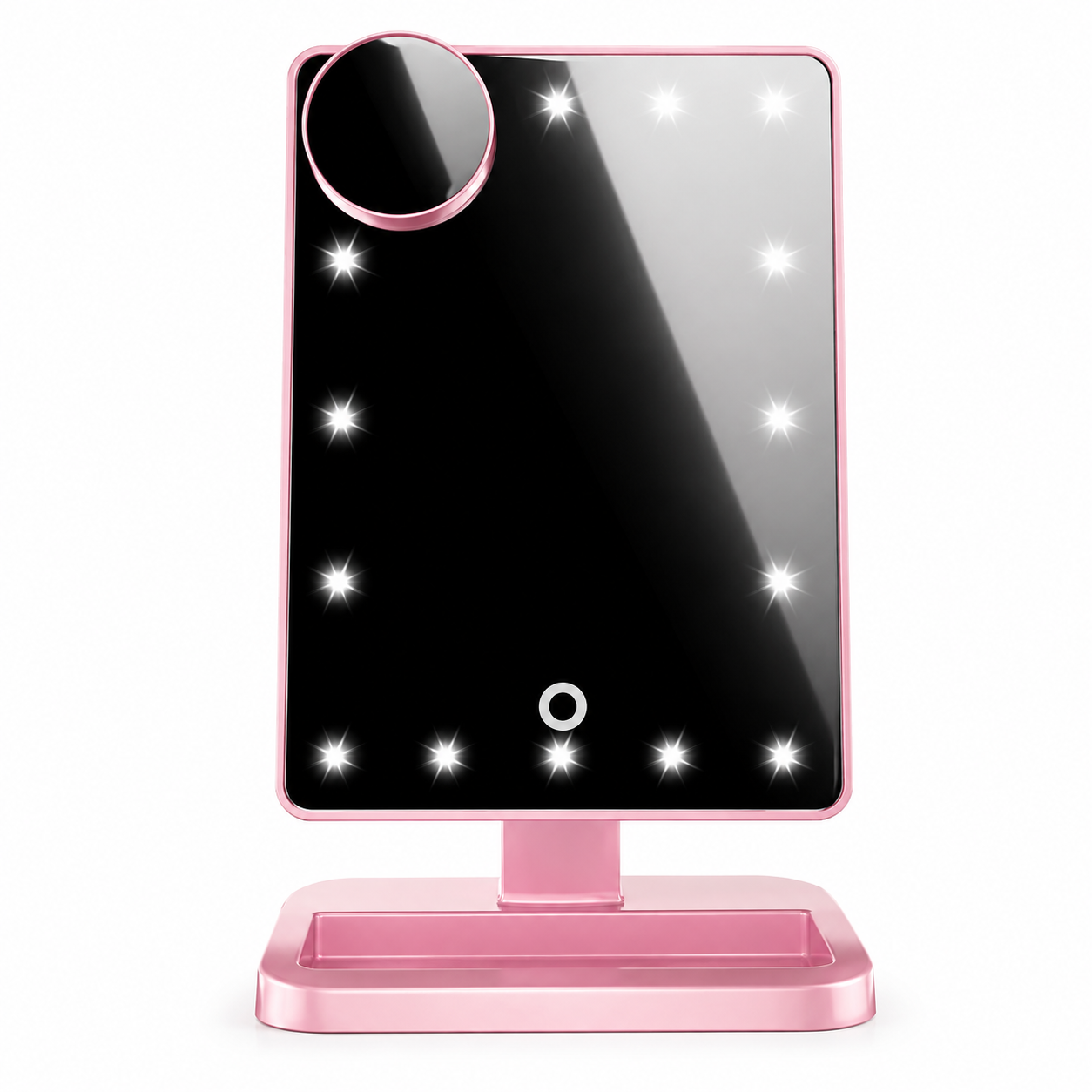 Espejo de maquillaje LED en color rosa con espejo de aumento 10x