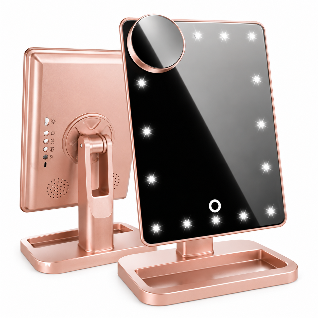 Espejo de maquillaje LED en color oro rosa mostrando los controles traseros y el altavoz Bluetooth