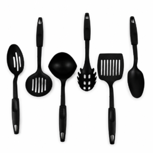 Juego de 6 utensilios de cocina de nylon con soporte, cucharón, espumadera, espátulas, cuchara de servir y utensilio para pasta.