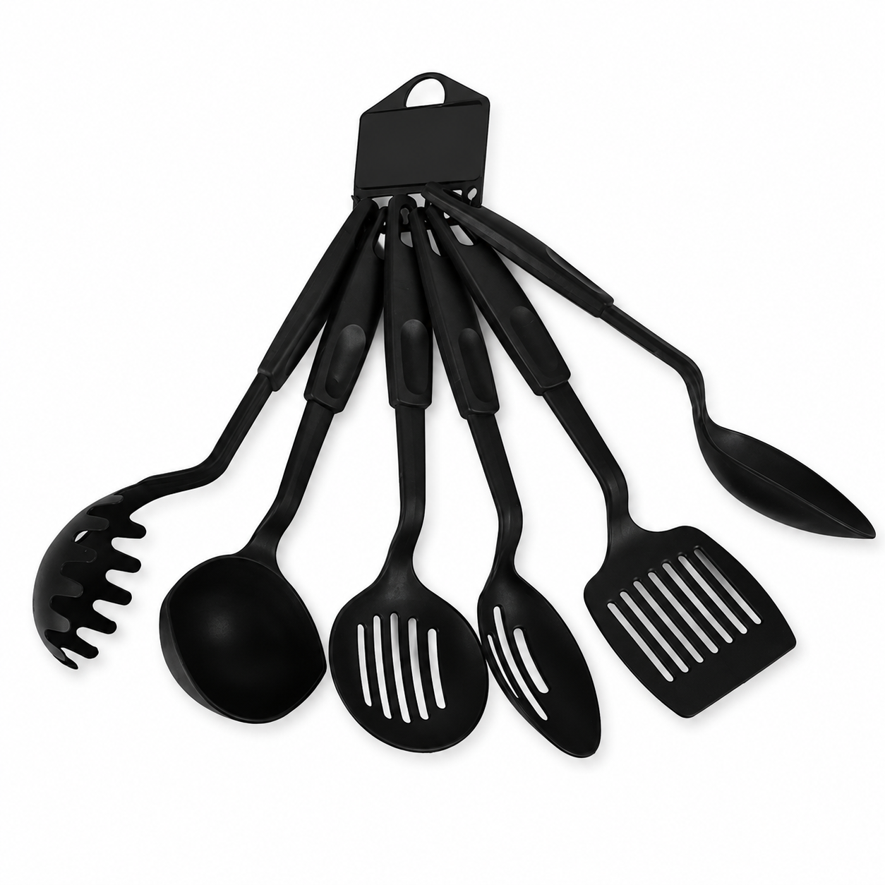 Juego de utensilios de cocina de nylon negro con soporte para ollas y sartenes antiadherentes.