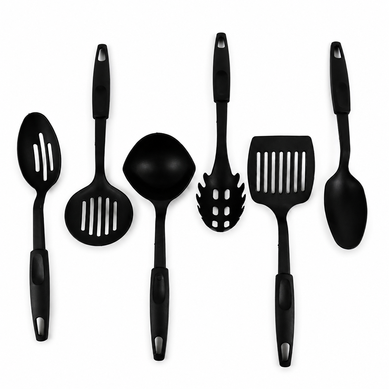Juego de 6 utensilios de cocina de nylon con soporte, cucharón, espumadera, espátulas, cuchara de servir y utensilio para pasta.