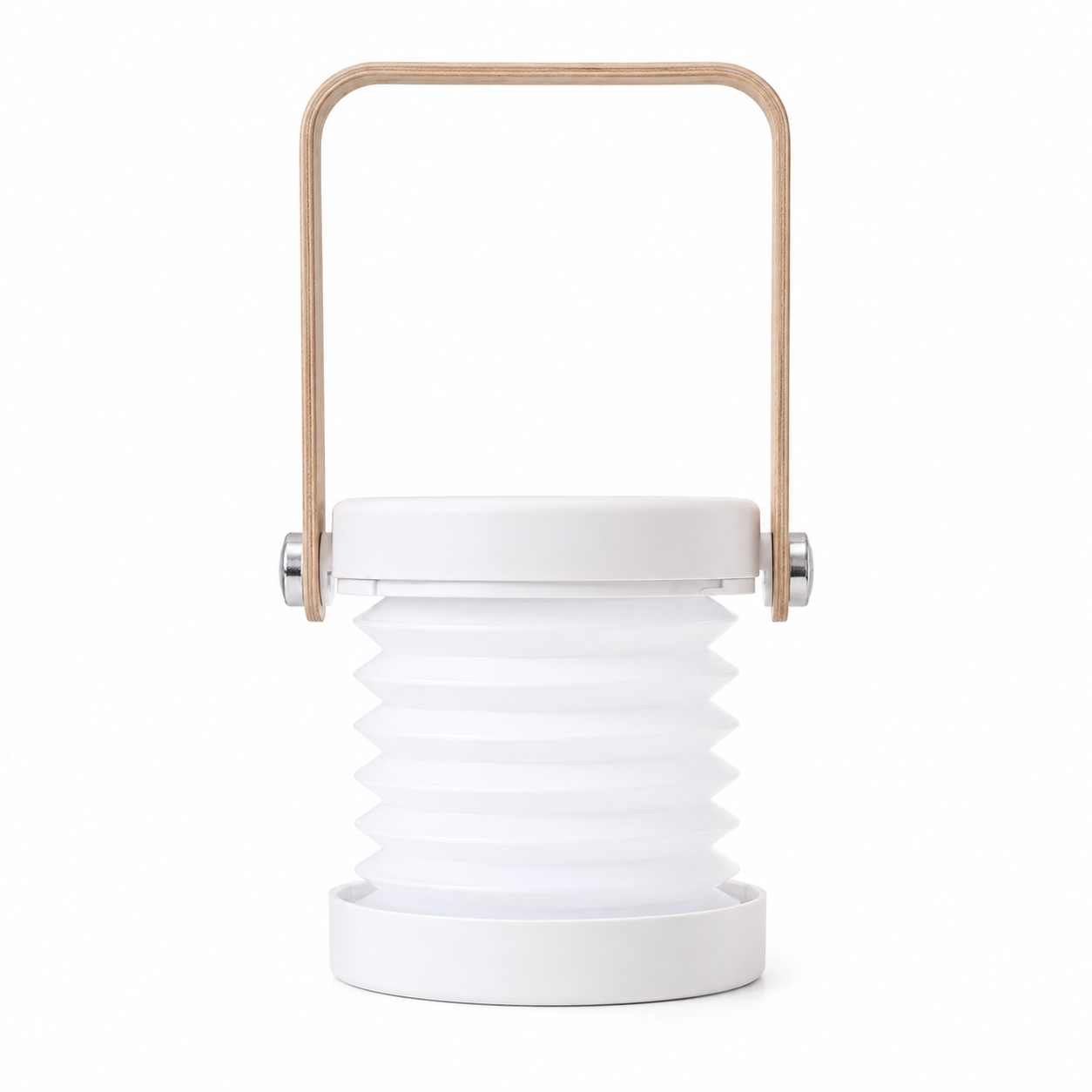 Lámpara LED recargable en color blanco elegante con asa de madera, modo farol
