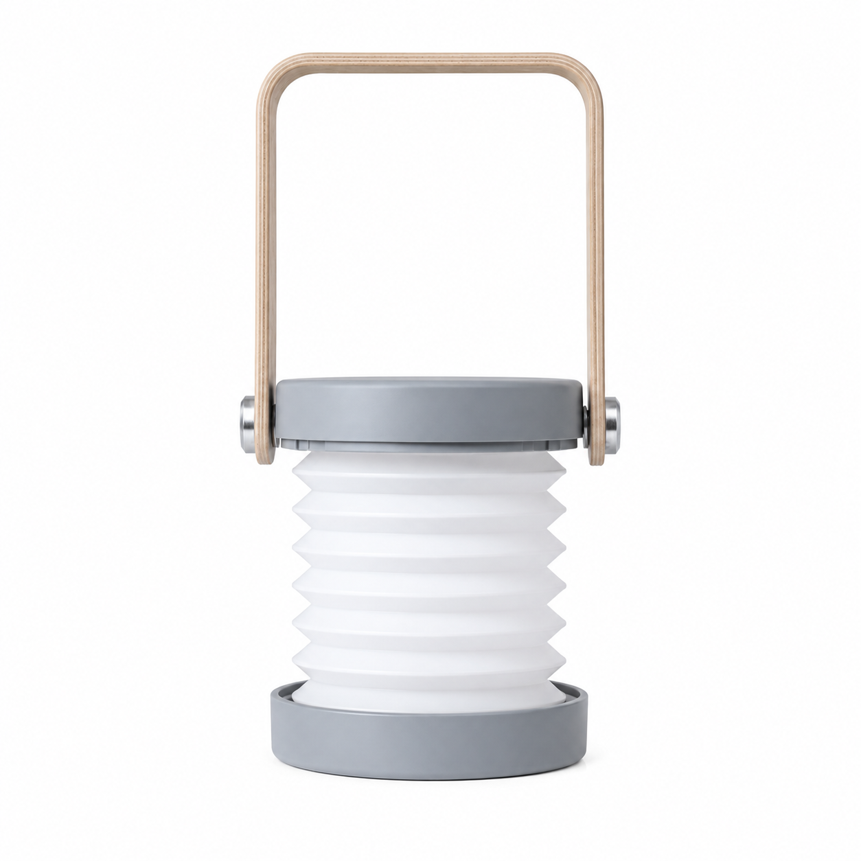 Lámpara LED recargable en color gris verde con asa de madera, modo farol