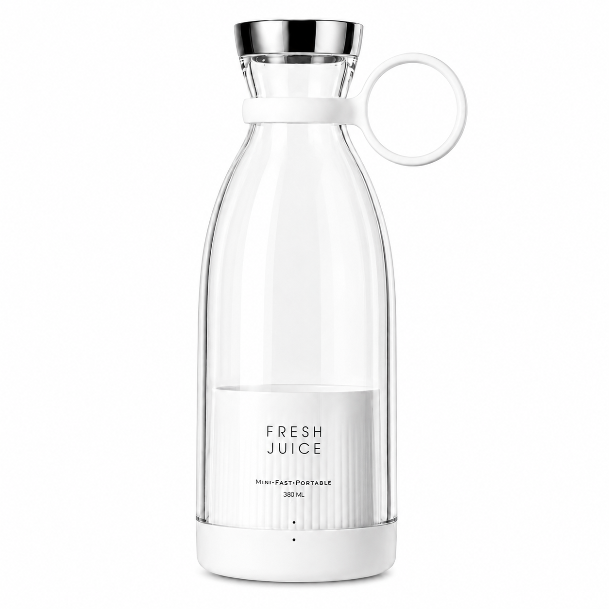 Liquidificadora portátil elétrica recarregável de 350 ml na cor branca com 4 lâminas em aço inoxidável.