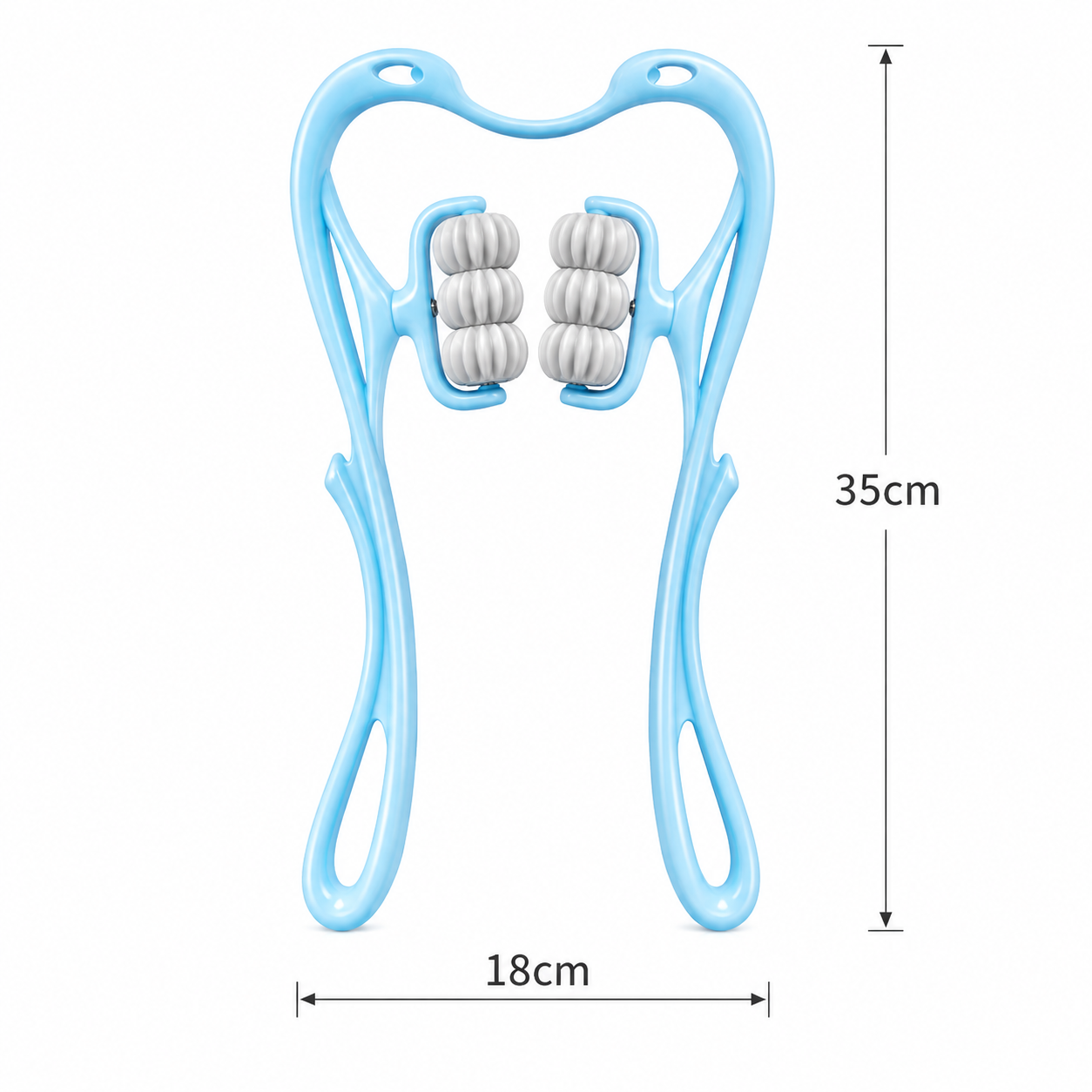 Masajeador cervical manual de 6 rodillos en color azul con dimensiones del producto