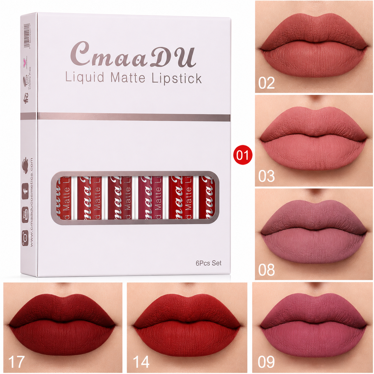 Set de 6 brillos de labios CmaaDu con muestra de tonos en los labios