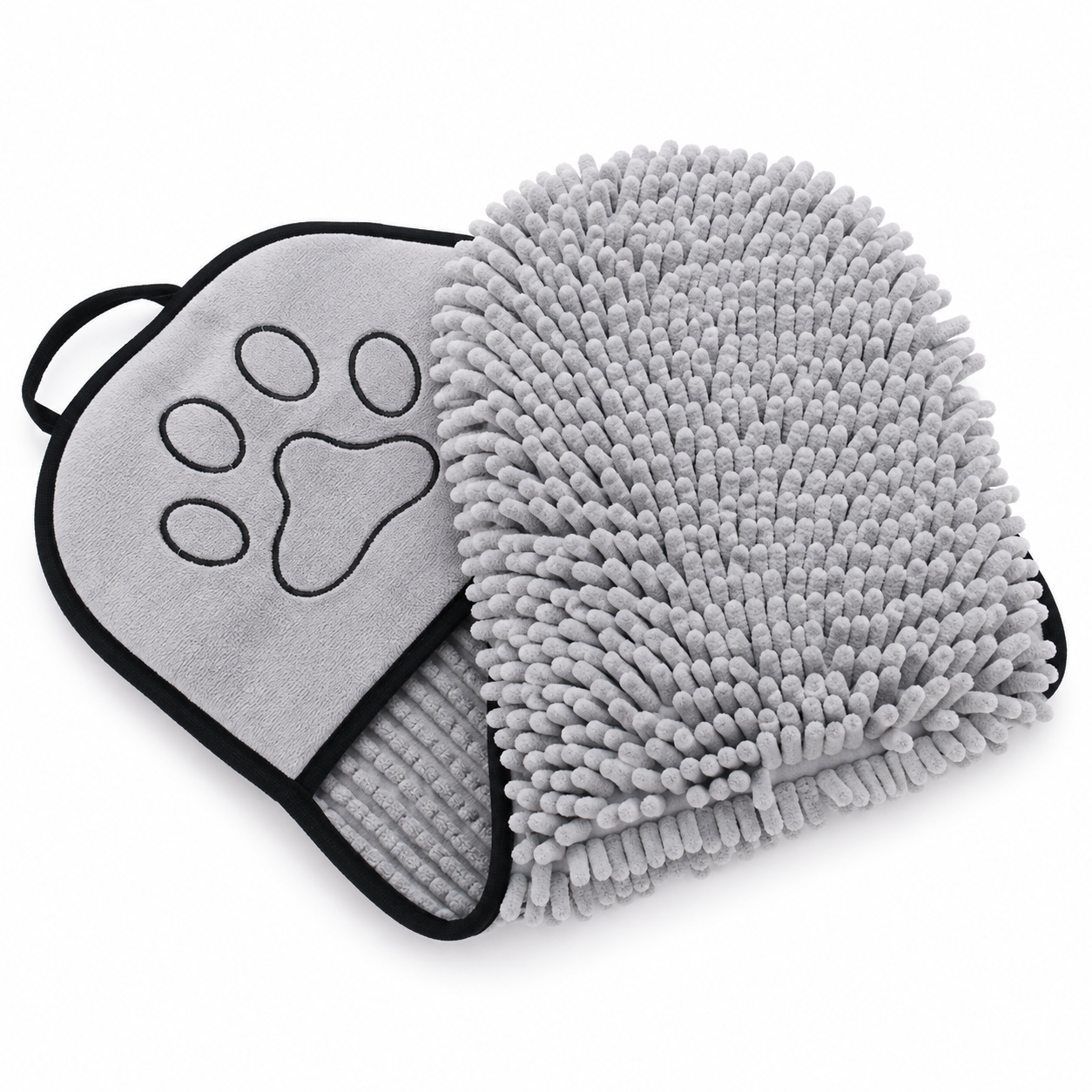 Toalla absorbente para mascotas de chenilla en color gris, con doble bolsillo y superficie de fibras