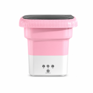 Mini lavadora plegable portátil color rosa flor de cerezo con inicio con un solo toque, sobre fondo blanco