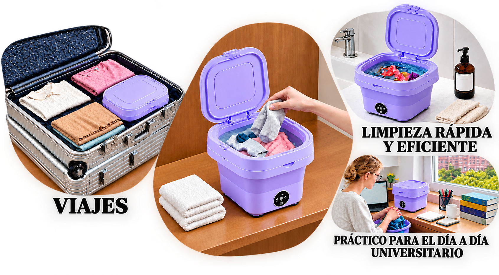Mini lavadora portátil en diferentes escenarios de uso: maleta, mesa y escritorio